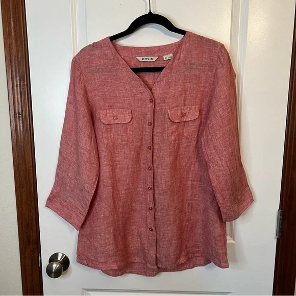 Orvis 100% Linen Shirt Women's M Red Pink 3/4 Sleeve Button Up Casual Blouse Top - Picture 6 of 10